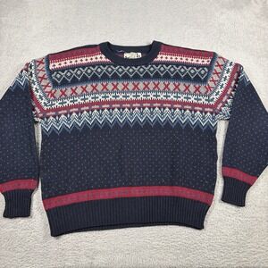 VINTAGE Steep Slopes Fair Isle Sweater Mens XL Navy Red Nordic Knit Geometric
